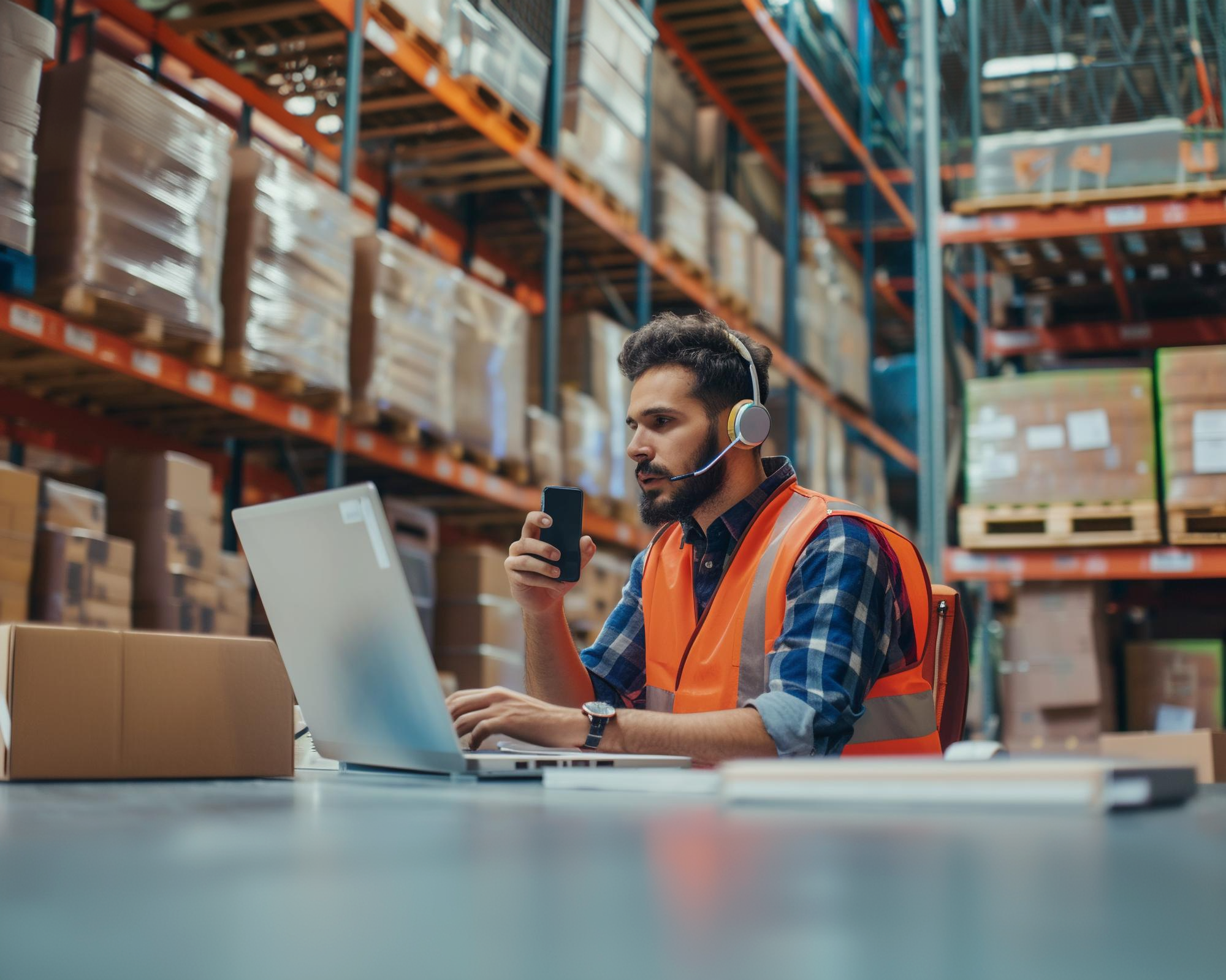Logistics Customer Representative working on laptop in warehouse
